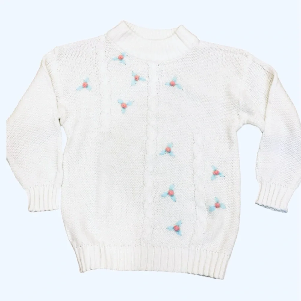 Vintage White Cable Knit Rosette Sweater Pink Mint Green Floral M Pastel Cottage